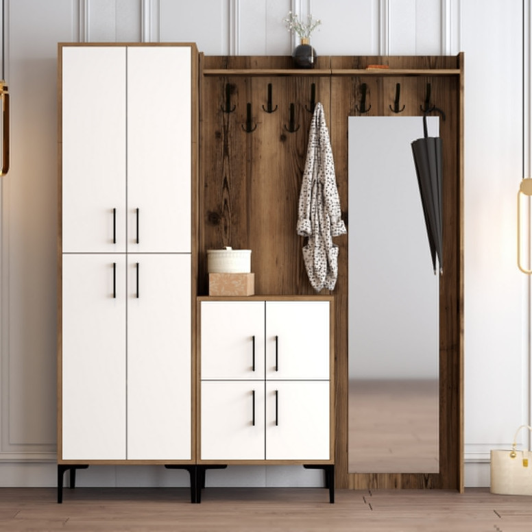 Cuier hol cu dulap Model Berlin, Nuc/Alb, 180x35x200 cm Cuier hol cu dulap Model Berlin, Nuc/Alb, 180x35x200 cm