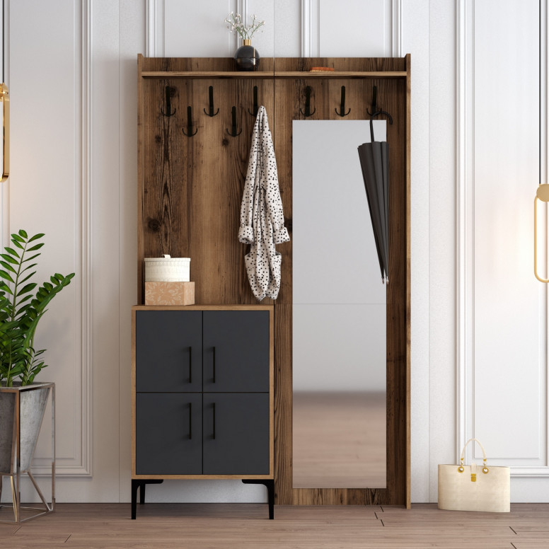 Cuier hol cu dulap Model Berlin, Nuc/Antracit, 120x35x200 cm Cuier hol cu dulap Model Berlin, Nuc/Antracit, 120x35x200 cm