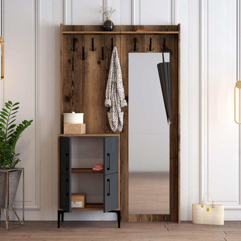 Cuier hol cu dulap Model Berlin, Nuc/Antracit, 120x35x200 cm Cuier hol cu dulap Model Berlin, Nuc/Antracit, 120x35x200 cm