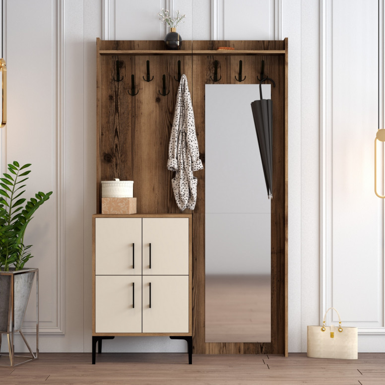 Cuier hol cu dulap Model Berlin, Nuc/Crem, 120x35x200 cm Cuier hol cu dulap Model Berlin, Nuc/Crem, 120x35x200 cm