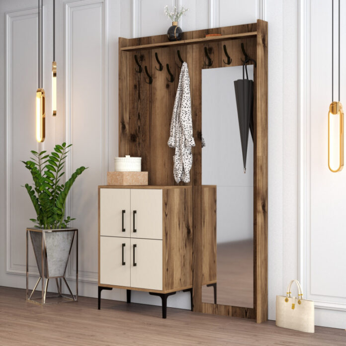 Cuier hol cu dulap Model Berlin, Nuc/Crem, 120x35x200 cm Cuier hol cu dulap Model Berlin, Nuc/Crem, 120x35x200 cm