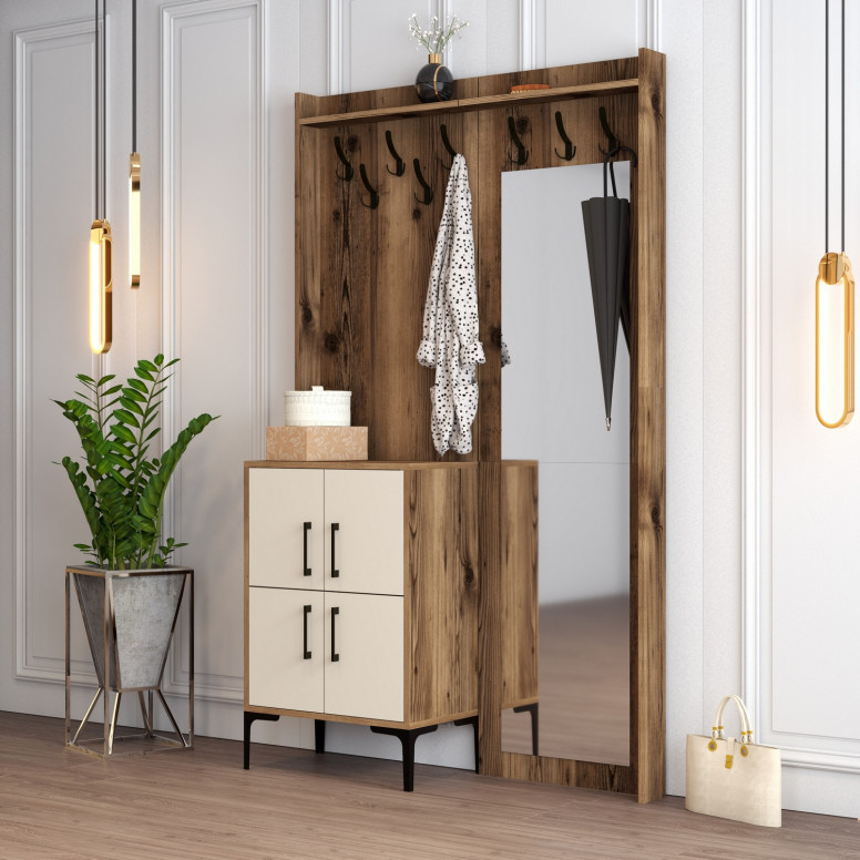 Cuier hol cu dulap Model Berlin, Nuc/Crem, 120x35x200 cm Cuier hol cu dulap Model Berlin, Nuc/Crem, 120x35x200 cm