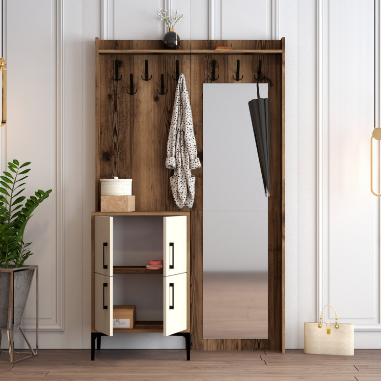 Cuier hol cu dulap Model Berlin, Nuc/Crem, 120x35x200 cm Cuier hol cu dulap Model Berlin, Nuc/Crem, 120x35x200 cm
