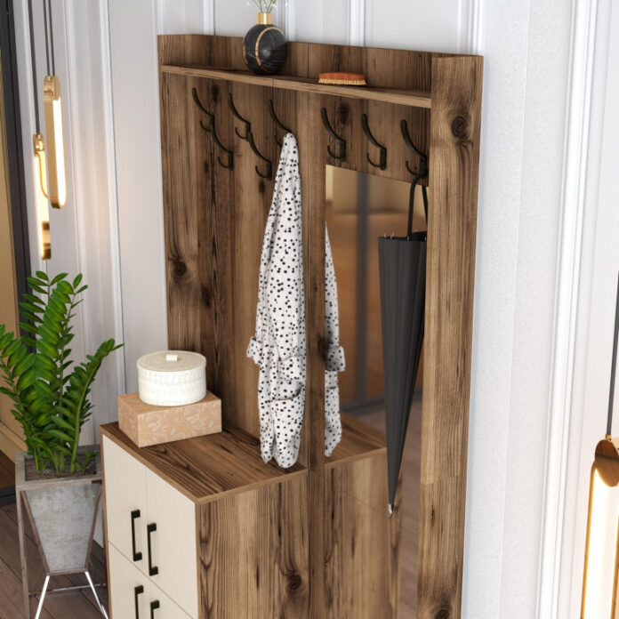 Cuier hol cu dulap Model Berlin, Nuc/Crem, 120x35x200 cm Cuier hol cu dulap Model Berlin, Nuc/Crem, 120x35x200 cm
