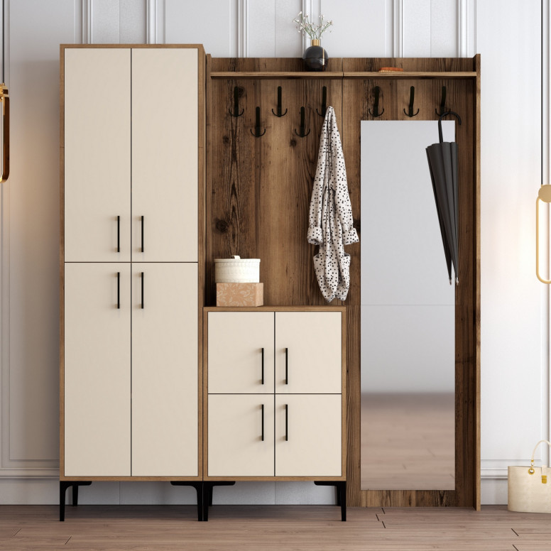 Cuier hol cu dulap Model Berlin, Nuc/Crem, 180x35x200 cm Cuier hol cu dulap Model Berlin, Nuc/Crem, 180x35x200 cm