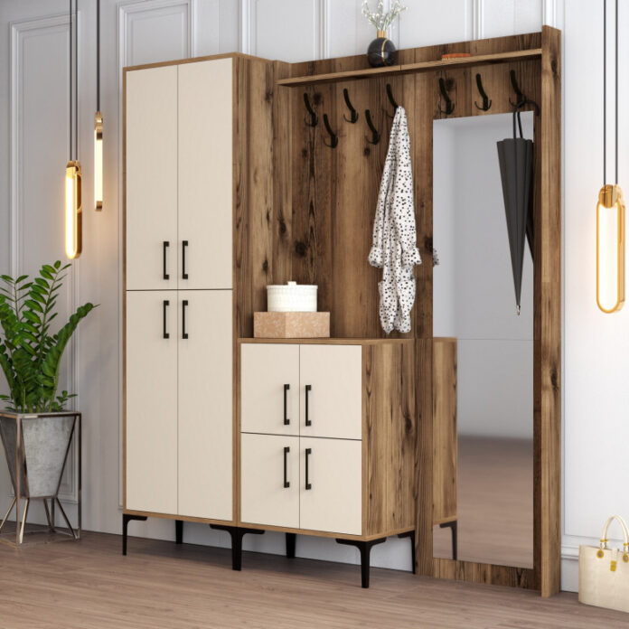 Cuier hol cu dulap Model Berlin, Nuc/Crem, 180x35x200 cm Cuier hol cu dulap Model Berlin, Nuc/Crem, 180x35x200 cm