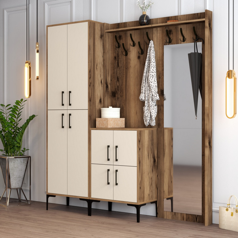Cuier hol cu dulap Model Berlin, Nuc/Crem, 180x35x200 cm Cuier hol cu dulap Model Berlin, Nuc/Crem, 180x35x200 cm