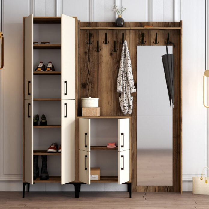 Cuier hol cu dulap Model Berlin, Nuc/Crem, 180x35x200 cm Cuier hol cu dulap Model Berlin, Nuc/Crem, 180x35x200 cm