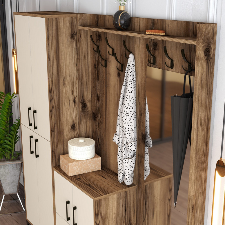 Cuier hol cu dulap Model Berlin, Nuc/Crem, 180x35x200 cm Cuier hol cu dulap Model Berlin, Nuc/Crem, 180x35x200 cm
