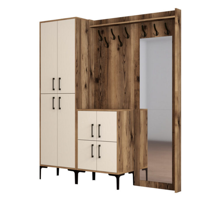 Cuier hol cu dulap Model Berlin, Nuc/Crem, 180x35x200 cm Cuier hol cu dulap Model Berlin, Nuc/Crem, 180x35x200 cm