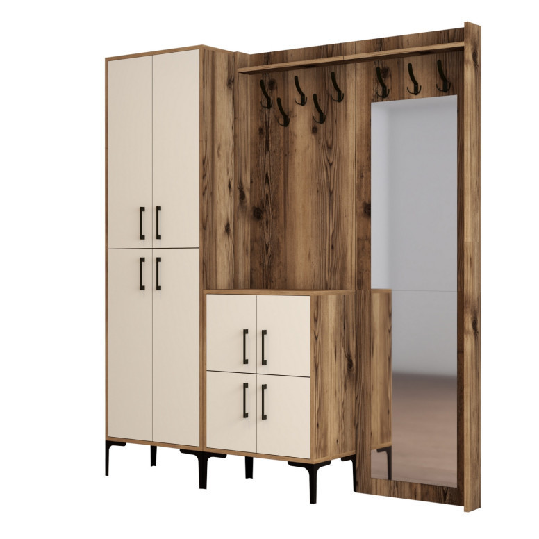 Cuier hol cu dulap Model Berlin, Nuc/Crem, 180x35x200 cm Cuier hol cu dulap Model Berlin, Nuc/Crem, 180x35x200 cm