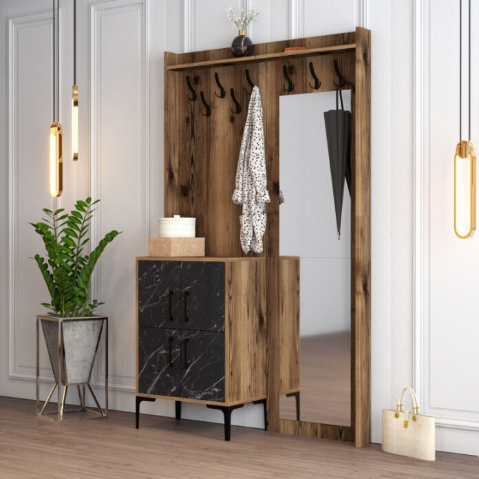 Cuier hol cu dulap Model Berlin, Nuc/Negru Marmorat, 120x35x200 cm Cuier hol cu dulap Model Berlin, Nuc/Negru Marmorat, 120x35x200 cm