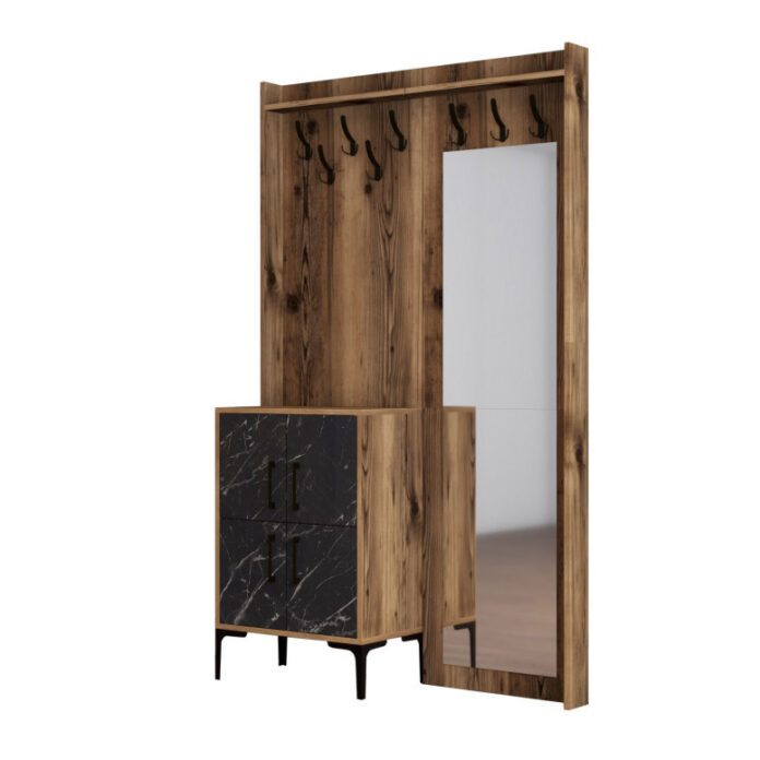 Cuier hol cu dulap Model Berlin, Nuc/Negru Marmorat, 120x35x200 cm Cuier hol cu dulap Model Berlin, Nuc/Negru Marmorat, 120x35x200 cm