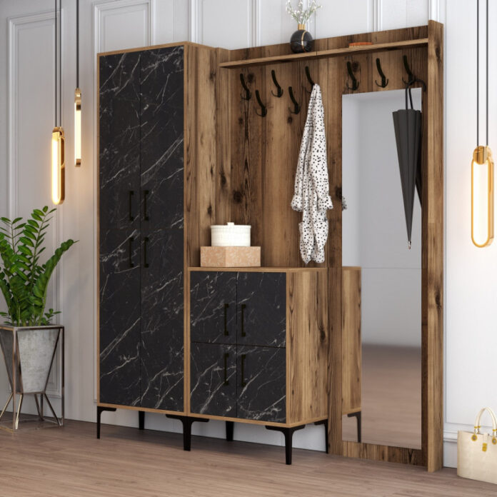 Cuier hol cu dulap Model Berlin, Nuc/Negru Marmorat, 180x35x200 cm