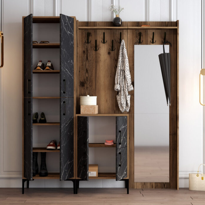 Cuier hol cu dulap Model Berlin, Nuc/Negru Marmorat, 180x35x200 cm