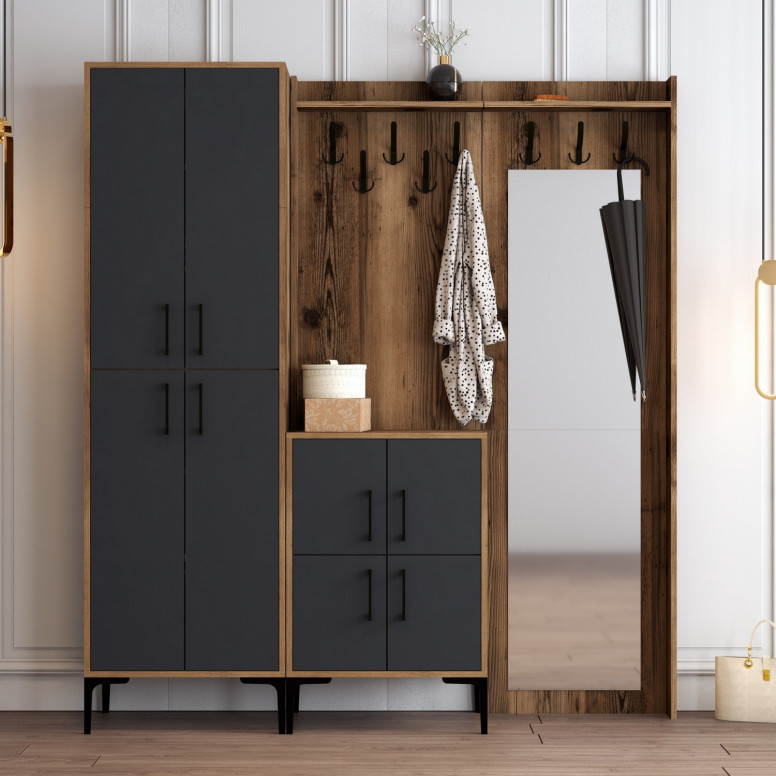 Cuier hol cu dulap Model BerlinABC, Nuc/Antracit, 180x35x200 cm Cuier hol cu dulap Model BerlinABC, Nuc/Antracit, 180x35x200 cm