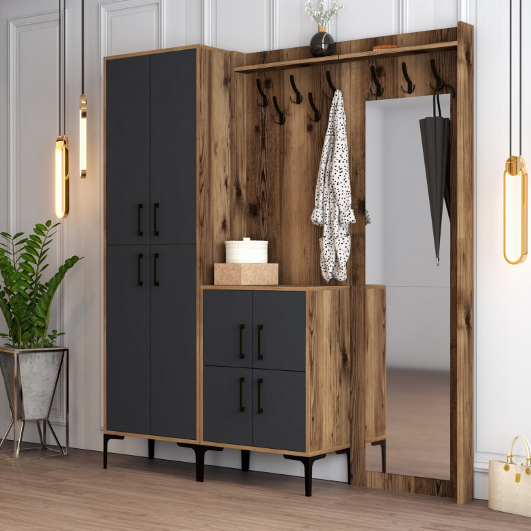 Cuier hol cu dulap Model BerlinABC, Nuc/Antracit, 180x35x200 cm Cuier hol cu dulap Model BerlinABC, Nuc/Antracit, 180x35x200 cm