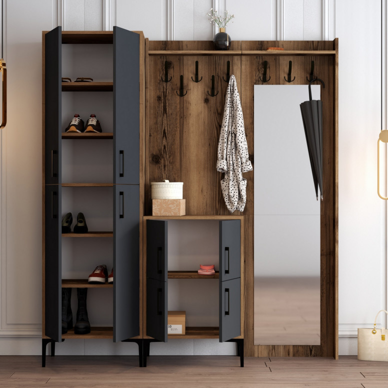 Cuier hol cu dulap Model BerlinABC, Nuc/Antracit, 180x35x200 cm Cuier hol cu dulap Model BerlinABC, Nuc/Antracit, 180x35x200 cm