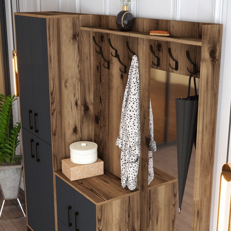 Cuier hol cu dulap Model BerlinABC, Nuc/Antracit, 180x35x200 cm Cuier hol cu dulap Model BerlinABC, Nuc/Antracit, 180x35x200 cm