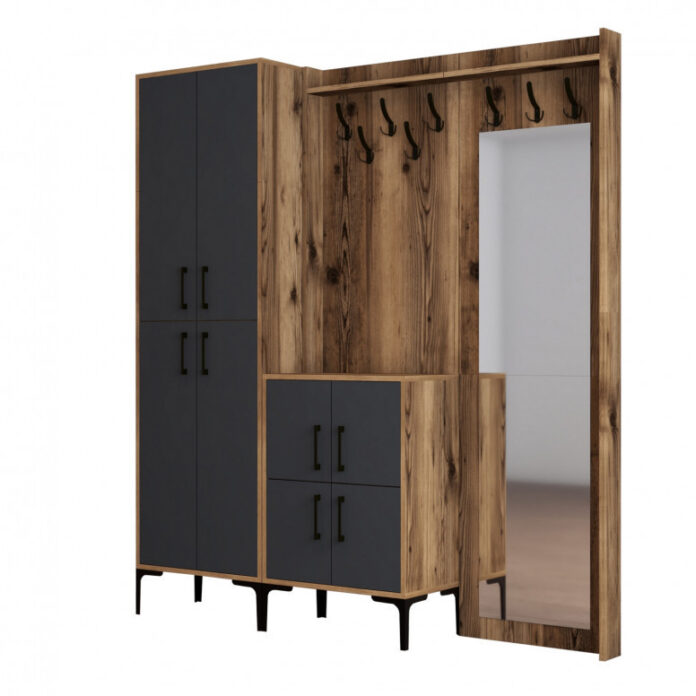 Cuier hol cu dulap Model BerlinABC, Nuc/Antracit, 180x35x200 cm Cuier hol cu dulap Model BerlinABC, Nuc/Antracit, 180x35x200 cm