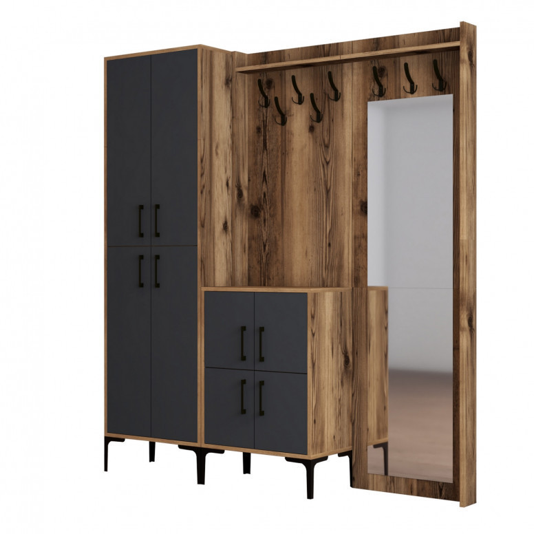 Cuier hol cu dulap Model BerlinABC, Nuc/Antracit, 180x35x200 cm Cuier hol cu dulap Model BerlinABC, Nuc/Antracit, 180x35x200 cm