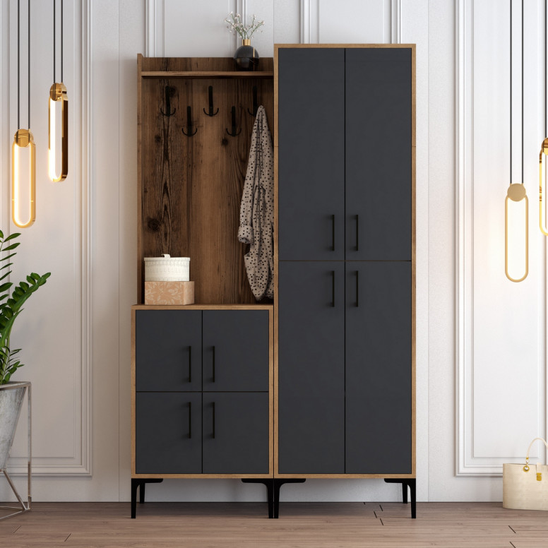 Cuier hol cu dulap Model BerlinBA, Nuc/Antracit, 120x35x200 cm Cuier hol cu dulap Model BerlinBA, Nuc/Antracit, 120x35x200 cm