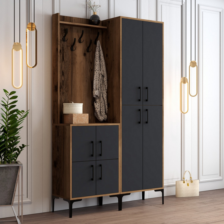Cuier hol cu dulap Model BerlinBA, Nuc/Antracit, 120x35x200 cm Cuier hol cu dulap Model BerlinBA, Nuc/Antracit, 120x35x200 cm