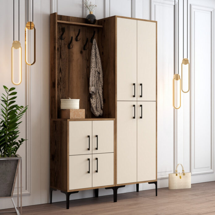 Cuier hol cu dulap Model BerlinBA, Nuc/Crem, 120x35x200 cm Cuier hol cu dulap Model BerlinBA, Nuc/Crem, 120x35x200 cm