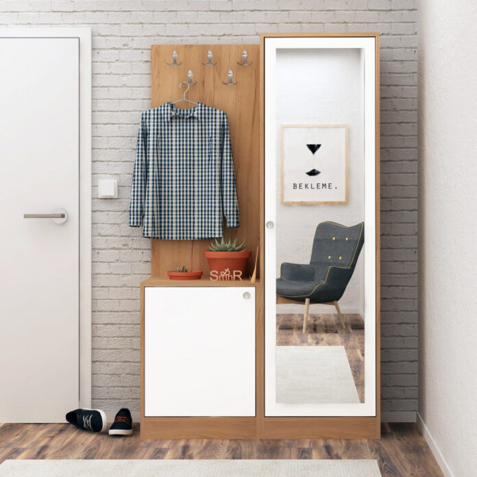 Cuier hol cu dulap Model Broc, Stejar/Alb, 100x35x180 cm Cuier hol cu dulap Model Broc, Stejar/Alb, 100x35x180 cm