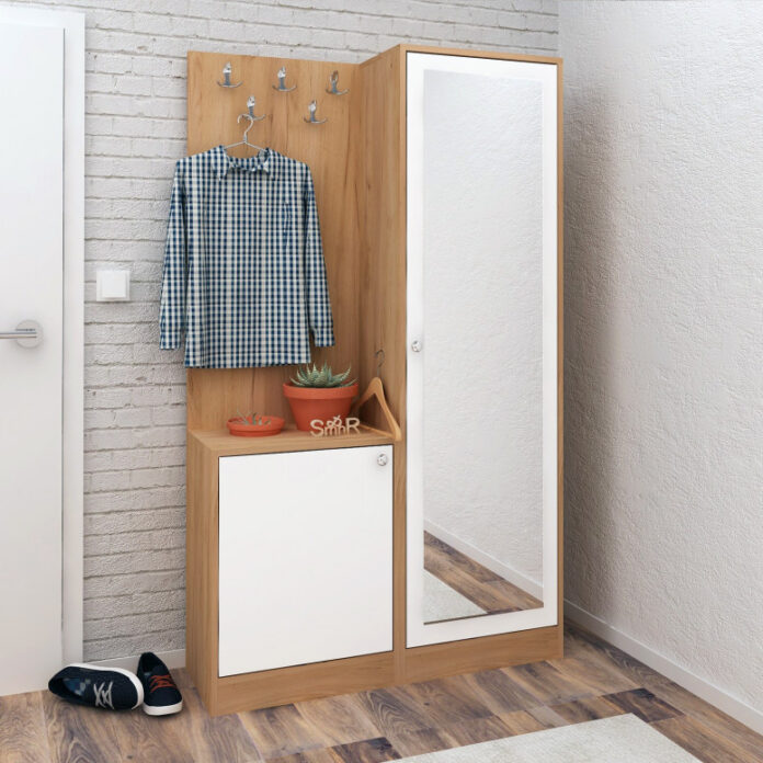 Cuier hol cu dulap Model Broc, Stejar/Alb, 100x35x180 cm Cuier hol cu dulap Model Broc, Stejar/Alb, 100x35x180 cm