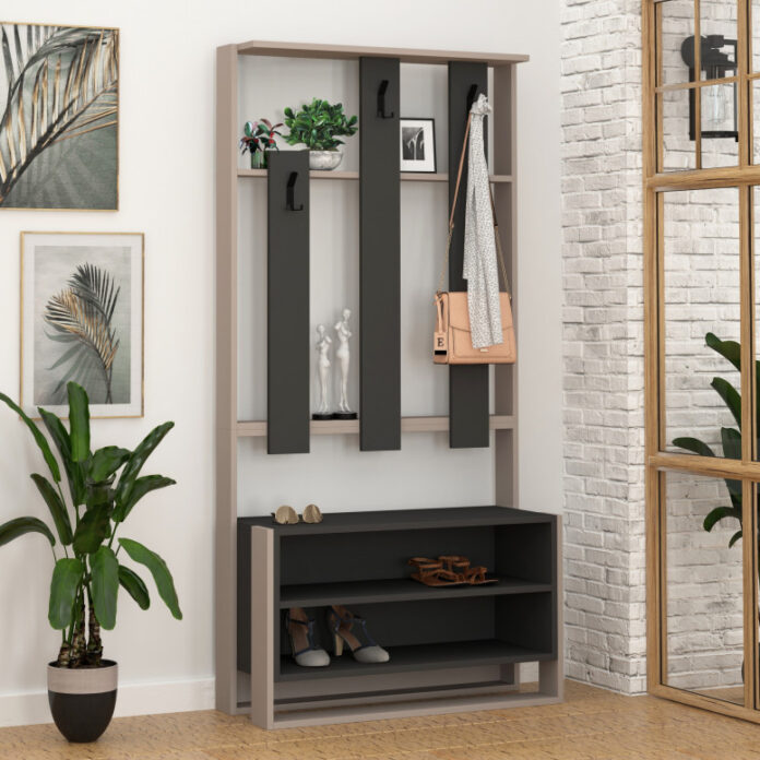 Cuier hol cu dulap Model Chester, Antracit/Mocha, 90x36x180 cm Cuier hol cu dulap Model Chester, Antracit/Mocha, 90x36x180 cm