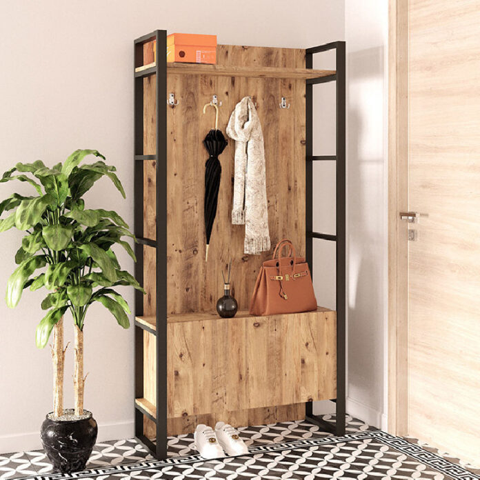Cuier hol cu dulap Model David, Stejar/Negru, 90x34x180 cm Cuier hol cu dulap Model David, Stejar/Negru, 90x34x180 cm