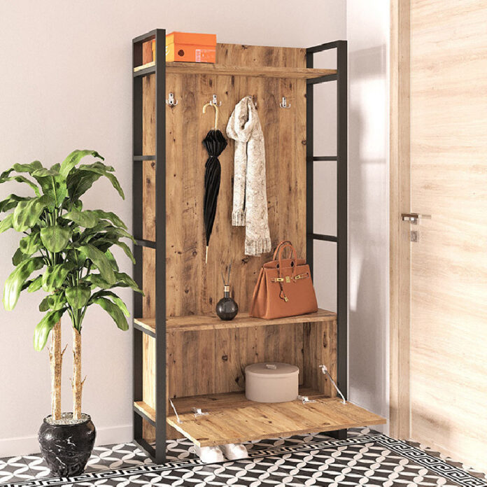 Cuier hol cu dulap Model David, Stejar/Negru, 90x34x180 cm Cuier hol cu dulap Model David, Stejar/Negru, 90x34x180 cm
