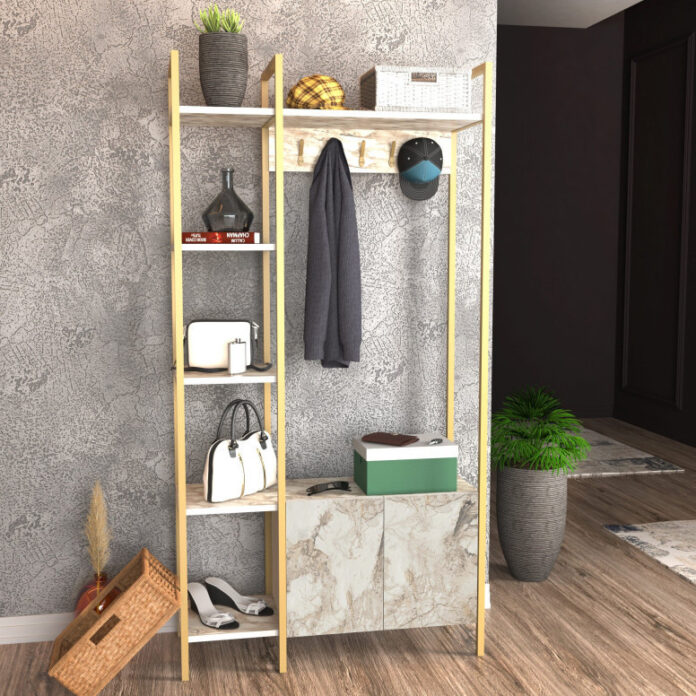 Cuier hol cu dulap Model Doga, Auriu/Marmorat, 90x35x175 cm Cuier hol cu dulap Model Doga, Auriu/Marmorat, 90x35x175 cm