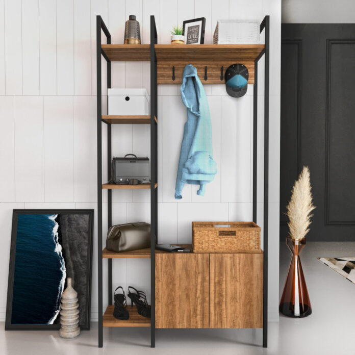 Cuier hol cu dulap Model Doga, Nuc/Negru, 90x35x175 cm Cuier hol cu dulap Model Doga, Nuc/Negru, 90x35x175 cm