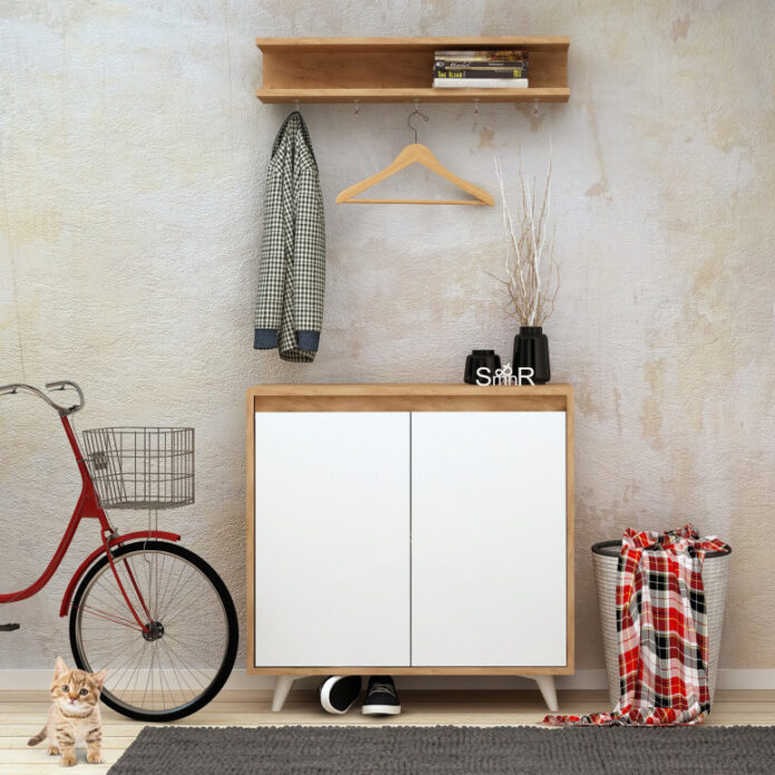 Cuier hol cu dulap Model Obsoyo, Stejar/Alb, 80x35x100 cm Cuier hol cu dulap Model Obsoyo, Stejar/Alb, 80x35x100 cm