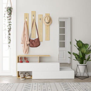 Cuier hol cu dulap Model Ramda, Alb/Stejar, 137x35x54.5 cm Cuier hol cu dulap Model Ramda, Alb/Stejar, 137x35x54.5 cm