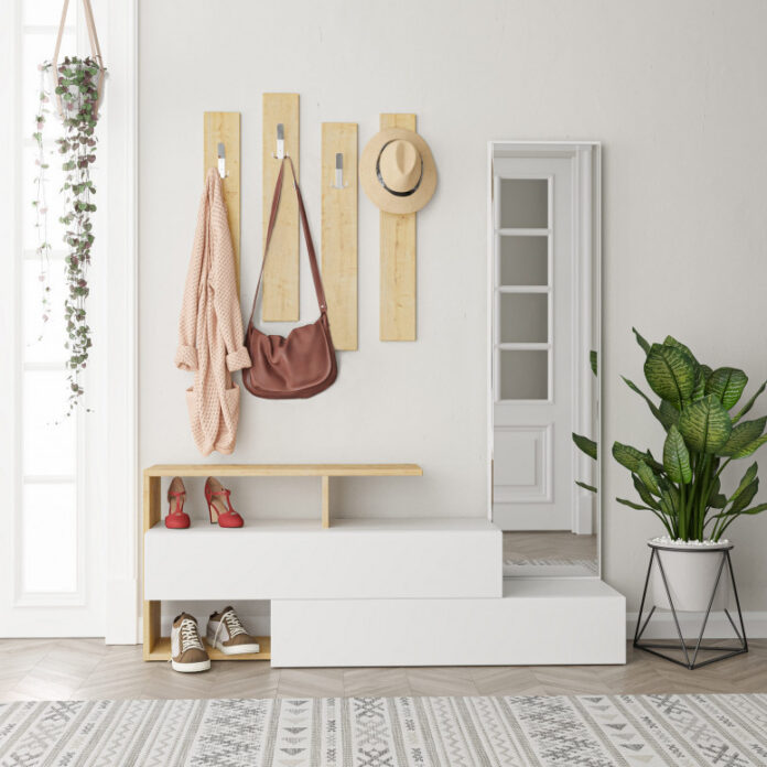 Cuier hol cu dulap Model Ramda, Alb/Stejar, 137x35x54.5 cm Cuier hol cu dulap Model Ramda, Alb/Stejar, 137x35x54.5 cm