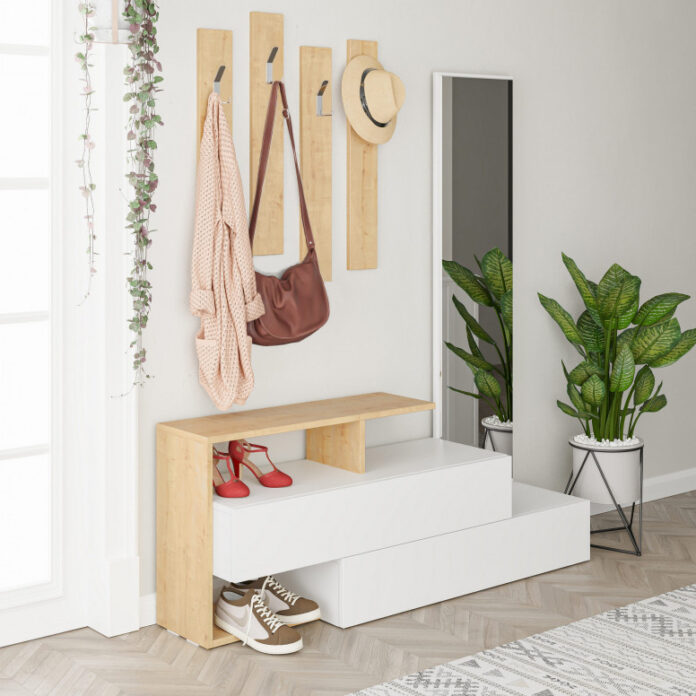 Cuier hol cu dulap Model Ramda, Alb/Stejar, 137x35x54.5 cm Cuier hol cu dulap Model Ramda, Alb/Stejar, 137x35x54.5 cm