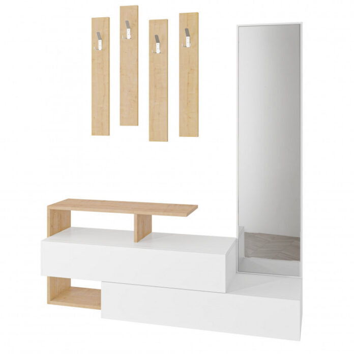 Cuier hol cu dulap Model Ramda, Alb/Stejar, 137x35x54.5 cm Cuier hol cu dulap Model Ramda, Alb/Stejar, 137x35x54.5 cm