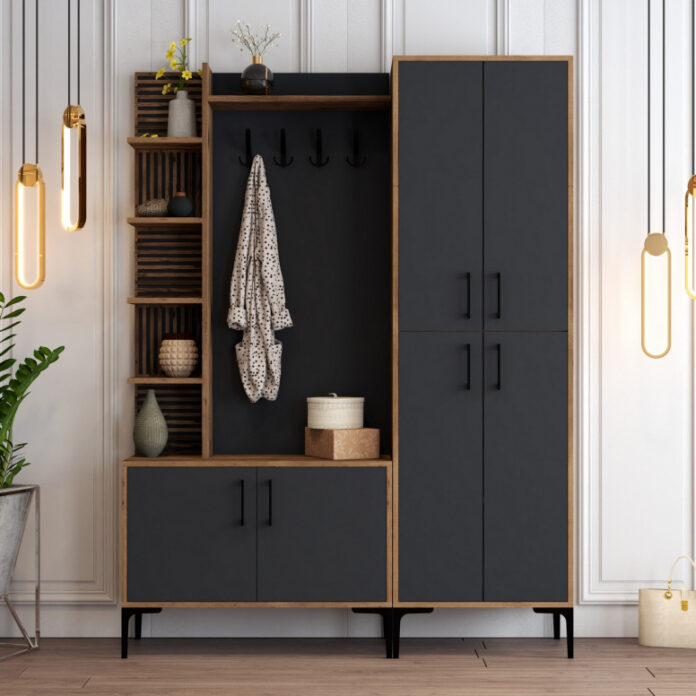 Cuier hol cu dulap Model Viyana, Nuc/Antracit, 150x35x200 cm Cuier hol cu dulap Model Viyana, Nuc/Antracit, 150x35x200 cm