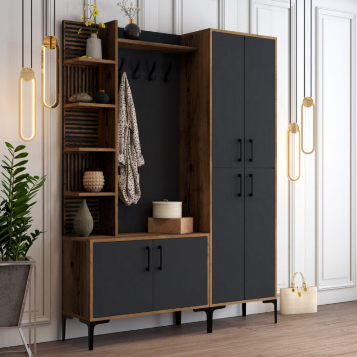 Cuier hol cu dulap Model Viyana, Nuc/Antracit, 150x35x200 cm Cuier hol cu dulap Model Viyana, Nuc/Antracit, 150x35x200 cm