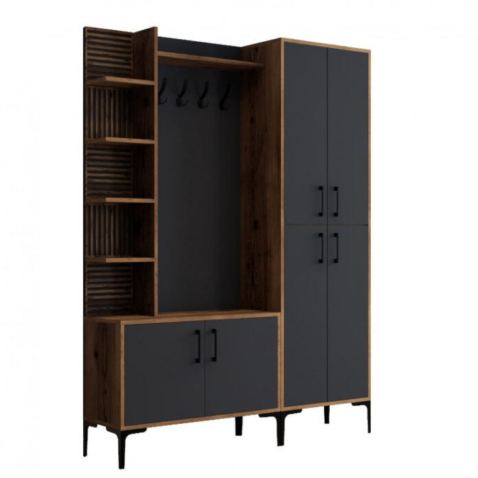 Cuier hol cu dulap Model Viyana, Nuc/Antracit, 150x35x200 cm Cuier hol cu dulap Model Viyana, Nuc/Antracit, 150x35x200 cm