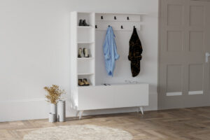 Cuier hol cu dulap si rafturi Model Bahar, Alb, 120x32x161.8 cm Cuier hol cu dulap si rafturi Model Bahar, Alb, 120x32x161.8 cm