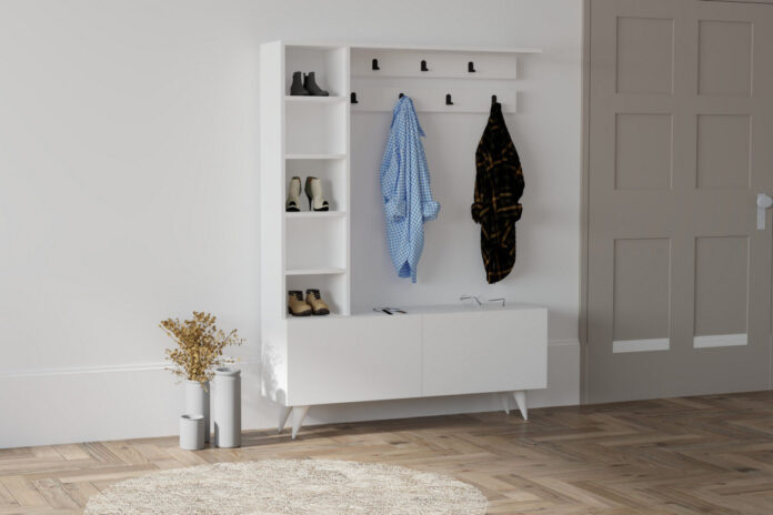 Cuier hol cu dulap si rafturi Model Bahar, Alb, 120x32x161.8 cm Cuier hol cu dulap si rafturi Model Bahar, Alb, 120x32x161.8 cm