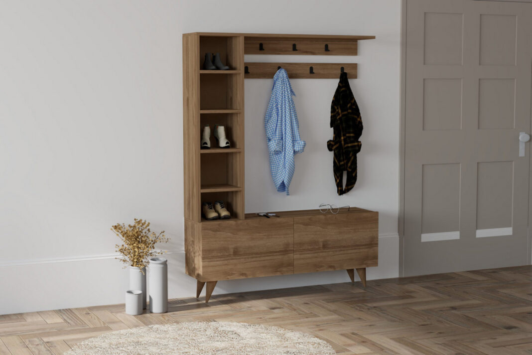 Cuier hol cu dulap si rafturi Model Hale, Nuc, 120x32x161.8 cm Cuier hol cu dulap si rafturi Model Hale, Nuc, 120x32x161.8 cm