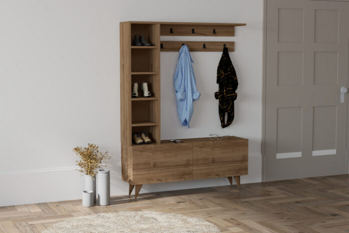 Cuier hol cu dulap si rafturi Model Hale, Nuc, 120x32x161.8 cm Cuier hol cu dulap si rafturi Model Hale, Nuc, 120x32x161.8 cm