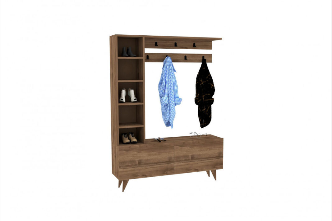 Cuier hol cu dulap si rafturi Model Hale, Nuc, 120x32x161.8 cm Cuier hol cu dulap si rafturi Model Hale, Nuc, 120x32x161.8 cm