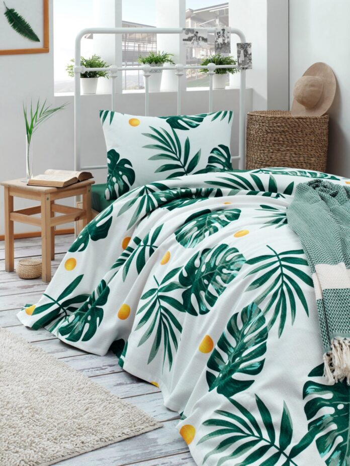 Cuvertura Pique pentru pat 1 Persoana Model Monstera Green Cuvertura Pique pentru pat 1 Persoana Model Monstera Green