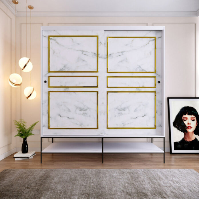Dulap haine Model Martin, Alb marmorat/Negru/Auriu, 190x57x200 cm Dulap haine Model Martin, Alb marmorat/Negru/Auriu, 190x57x200 cm